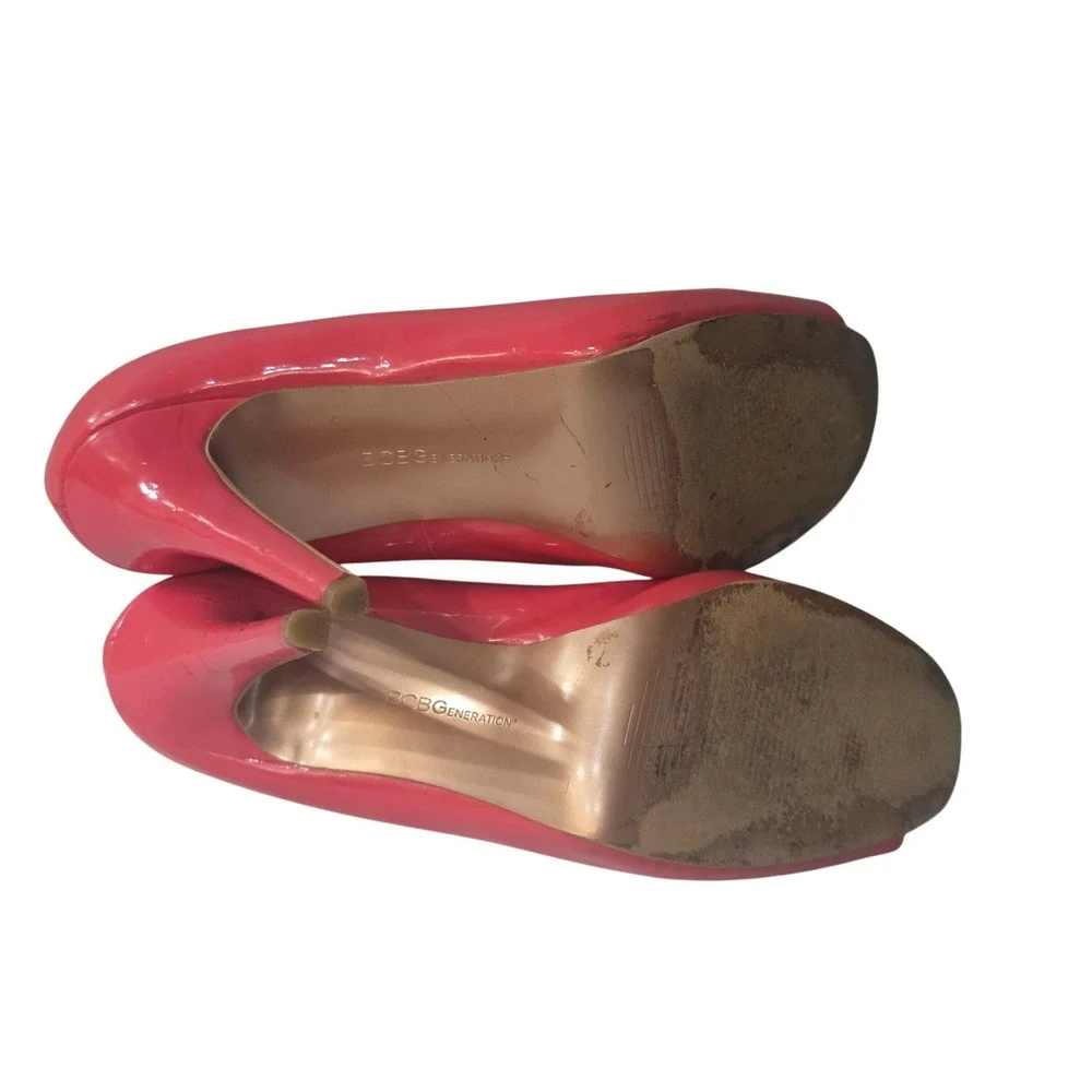 BCBGeneration Womens Coral Red Patent Peep Toe Stiletto Heel Pumps Size 7.5/38